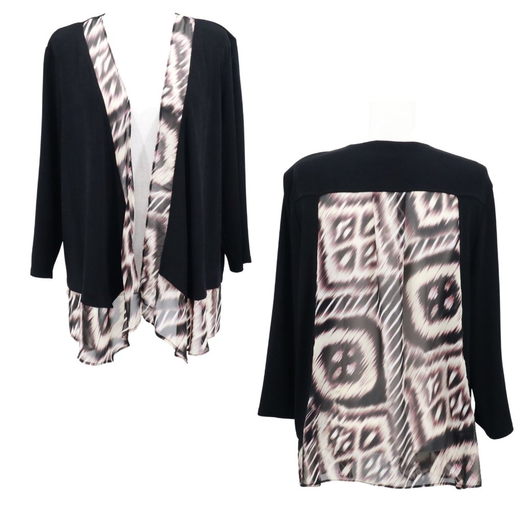 Chico's Chiffon Cardigan Womens L Black Boho Eclectic Artistic Grandma Cottage